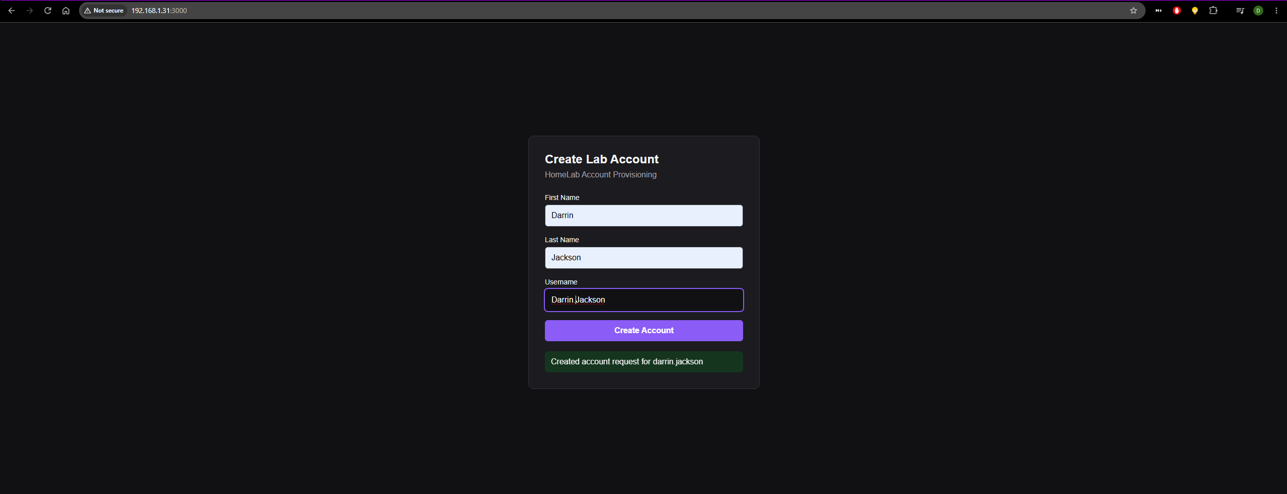 Account portal showing a successful account request